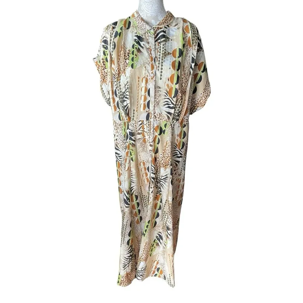 Safari Animal Print Maxi Shirt Dress Size 3X Zebra Cheetah Boho Button Front